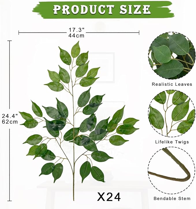 24PCS Ficus Leaves Artificial Branches 24" Faux Ficus Greenery Tree Branches Fake Ficus Leaves Sprays for Tree DIY Arch Wedding Wall Decor - Green