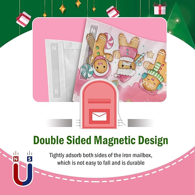 Pink Christmas Mailbox Cover Magnetic Standard Size 20.5" x 18", Xmas Gingerbread Man Peppermint Candy Decorative Post Letter Box Wrap Decor, Winter Holiday Garden Yard Outdoor Decoration