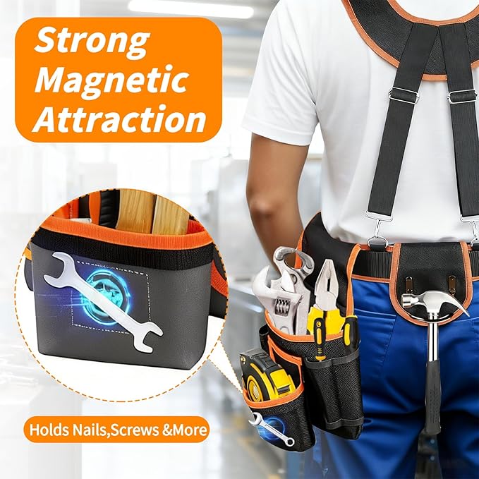 JUSTHERE Tool Belt, Professional Tool Belts for Men, 32''-60'' Size Adjustable Magnetic Tool Pouch With Suspenders & Multiple Pockets, Detachable Utility Belt Work Bags for Electrician, Carpenter