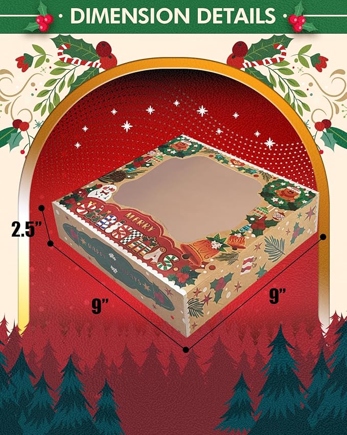 qiqee Christmas Kraft Cookie Boxes with Window 12packs 9x9x2.5 Inch Bakery Box Pastry Box for Christmas