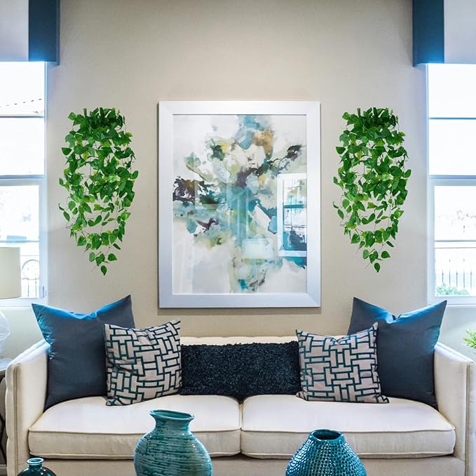 Fake Hanging Plants for Room Decor, Artificial Ivy vines Greenery Leaves Garlands for Home Aesthetic living Bedroom kitchen Office Wall patio Bookshelf, Indoor,Outdoor decorations(No Basket)
