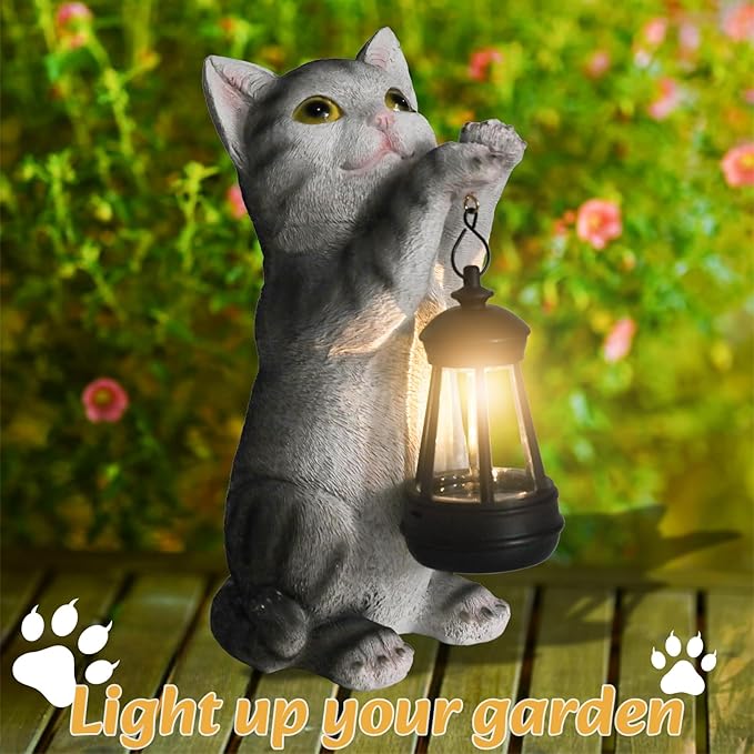 Solar Cat Garden Statue - Outdoor Cat Statues with Lantern Lights for Garden Yard Art Lawn Ornaments Porch Patio Balcony Home House Gardening Gifts for Women Grandma Mom