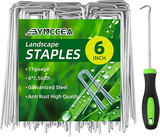 Bynccea 6 Inch 150 Pack Galvanized Landscape Staples Garden Stakes - 11 Gauge U-Shaped Pins for Securing Weed Barrier Fabric, Plant Covers, Tents, Yards, and Lawns