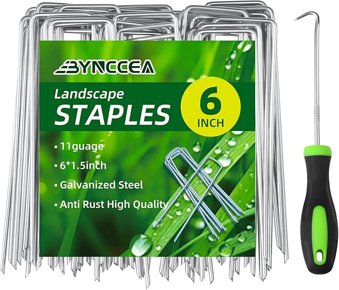 Bynccea 6 Inch 50 Pack Galvanized Landscape Staples - Garden Stakes, Plant Cover, 11 Gauge Tent U-Shaped Pins for Securing Weed Barrier Fabric - Lawn and Ground Anchors