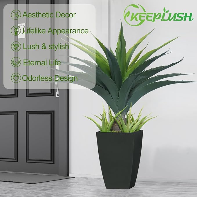 Artificial Spiked Agave Plant 2.5ft, 30 Inch Tall Fake Aloe Vera Plants in Black Pot, Fake Floor Plant Indoor Outdoor for Front Porch Patio Home Office Door Step Decor 2PCS