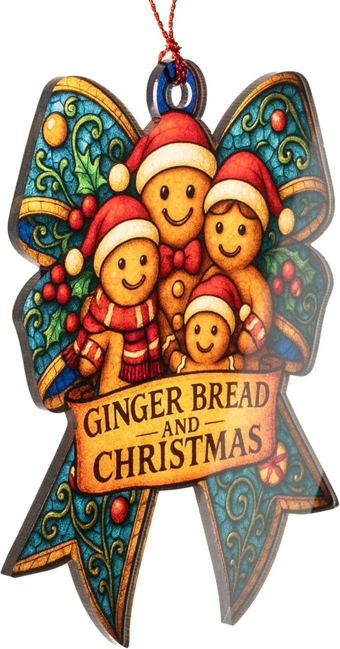 Gingerbread Family Ornament – Christmas Decoration | Holiday Cookie Ornaments - Gingerbread Man Decor - Xmas 2025 Ornament – Suncatcher Stained Glass Effect - Car Hanging Mirror