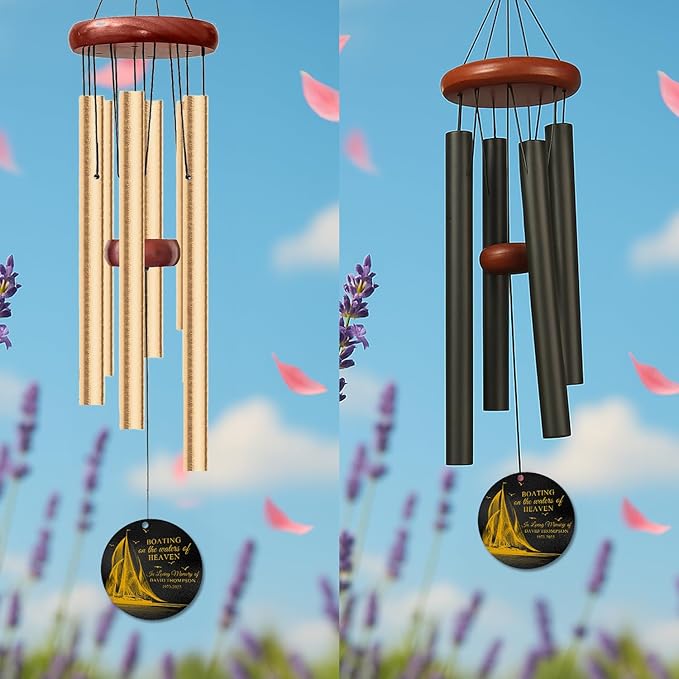 Personalized Boating Memorial Wind Chime – “Boating on The Waters of Heaven” Custom Name & Years – Nautical Sympathy Gift for Loss of Loved One – Outdoor Memorial Windchime for Sailors & Sea Lovers