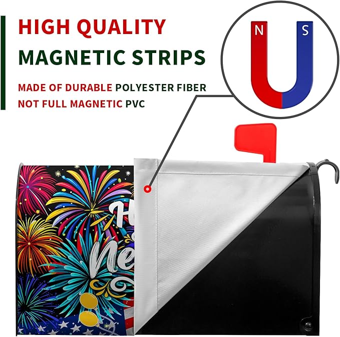 Happy New Year Mailbox Cover New Year Eve Magnetic Mailbox Covers Large Size American Flag Fireworks Balloon Post Letter Box Wrap for Holiday Celebration Party Outdoor Oversized 25.5 X 21 Inch