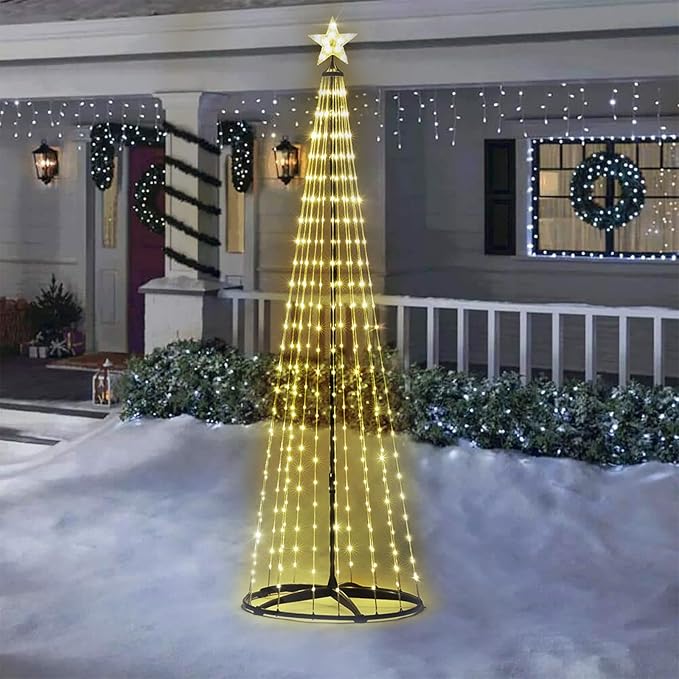 SUNNYPARK Christmas Outdoor Lighted Trees 7FT Prelit Christmas Cone Tree with 310 LEDs 8 Lighting Modes and Timer for Indoor Outdoor Xmas Porch Lawn