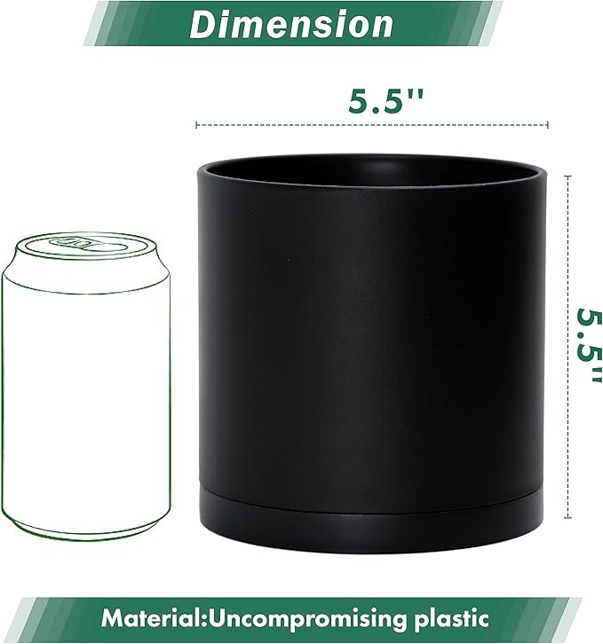 D'vine Dev 2 Pack 5.5 Inch Modern Plastic Plant Pots, Small Garden Planters for Plant with Drainage Holes and Saucers, Black Color, 74-Y-H-1