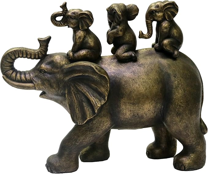 Nature's Mark 8" H 3 Baby Elephants Riding an Elephant Resin Statue Figurine Home Decorative Accent Decor (Bronze)