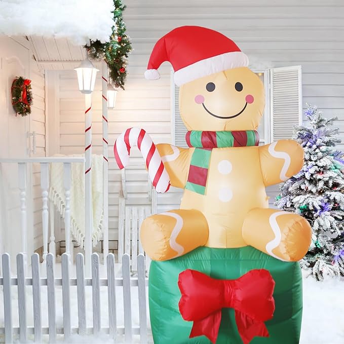 Christmas Inflatable Gingerbread Man with Giant Gift Box 6 FT, Outdoor Xmas Holiday Decorations Blow Up, Inflatable Yard Decorations with Build-in LED Lights
