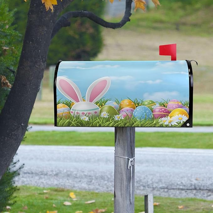 SUABO Mailbox Cover Easter Bunny Ear Egg Oversize Magnetic Mailbox Covers Wraps for Christmas Home Yard Garden Decor