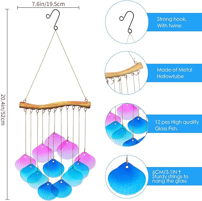 Glass Shell Wind Chimes for Outdoor Decor -Durable Windchimes for Garden, Porch, and Outside Spaces, Unique Handmade Outdoor Wind Chimes, Yard Decorations