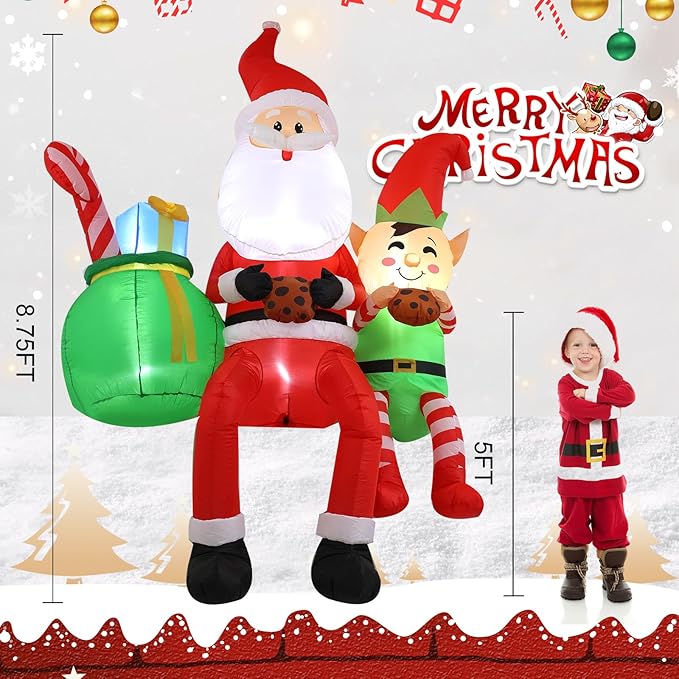 8FT Santa Claus Sitting on The Roof Christmas Inflatable Decoration with LED Lights, Suitable for Holiday Celebration Decorations in Courtyards, Lawns, Terraces, etc.