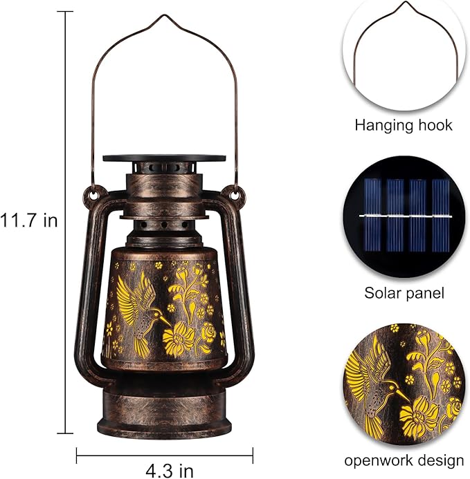 Solar Lantern Outdoor Vintage Hanging LED Waterproof Camping Light with Beautiful Graphics Landscape Decor for Yard,Patio,Porch,Lawn,Tabletop(Hummingbird)