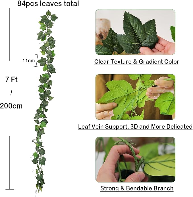 2Pack 14Ft Flame Retardant Artificial Grape Leaves Flexible Fake Green Plants Vines Ivy Garland Wreath Silk Hanging Rattan Bedroom Wedding Party Garden Wall Table Front Door Ceiling Decor (Grape)