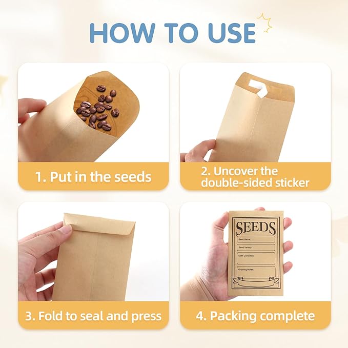 100 Pcs Self Adhesive Seed Envelopes - Resealable Paper Packets for Flower and Vegetable Seeds Storage - Kraft Organizer, 3.1 x 4.7 Inch
