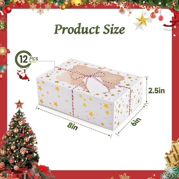 12Pcs 8"x6"x2.5" Christmas Cookie Boxes with Window, White Bakery Boxes for Cookie, Treat Boxes Pastry Boxes for Gift Giving, Chocolate Covered Strawberries, Dessert, Donut, Cupcakes Muffins