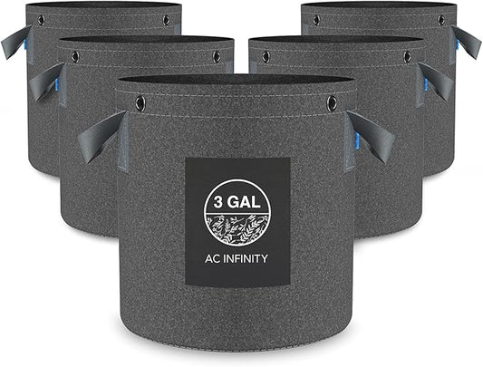 AC Infinity Heavy Duty Fabric Pots, 3 Gallon Aeration Reusable Grow Bags 5-Pack with 500G Thick Nonwoven Fabric and Multi-Purpose Rings, for Low Stress Plant Training Fruits, Vegetables, and Flowers