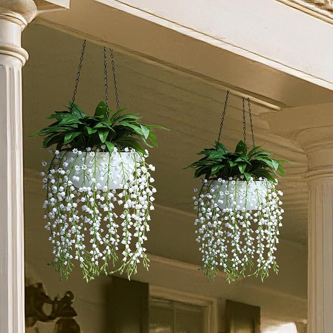 alyptus Hanging Planters for Indoor Plants Fake Flowers - 2-Pack Artificial Hanging Lily of The Valley with Pot - White Faux Flowers in Planters for Indoor Décor