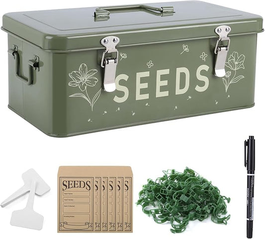 Seed Storage Organizer, Seed Saving Box with Lid, Metal Seed Bin Seed Packet Container with 100 Plant Labels 50 Seed Envelopes 50 Plant Clips 1 Marker Pen, 4 Compartments Box with Locks, Green