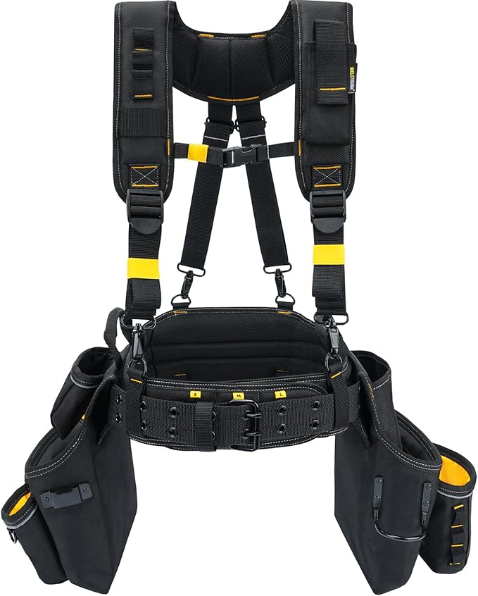 MELOTOUGH Carpenters Tool Belt with Suspenders Professional Tool Belt Combo Organizer With Tool Pouch Suspenders with 32 Pockets and Loops fits 33"-47"Waist for Electrican/Contractor/Technican(Yellow)