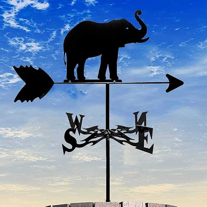 Vintage Metal Weather Vane Elephant Animal Shape Design Weathervane Wind Direction Indicator Metal Bracket for Garden Yard Roof