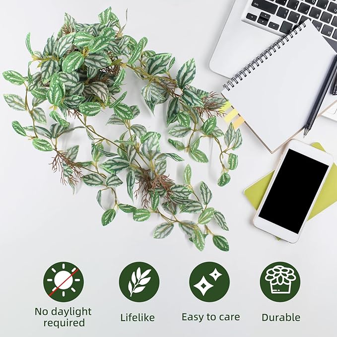 Artificial Hanging Ivy Plants Realistic 3D Watermelon Texture Fake Peperomia Leaves Faux Potting Vine Green Plants for Indoor Outdoor Home Garden Decor