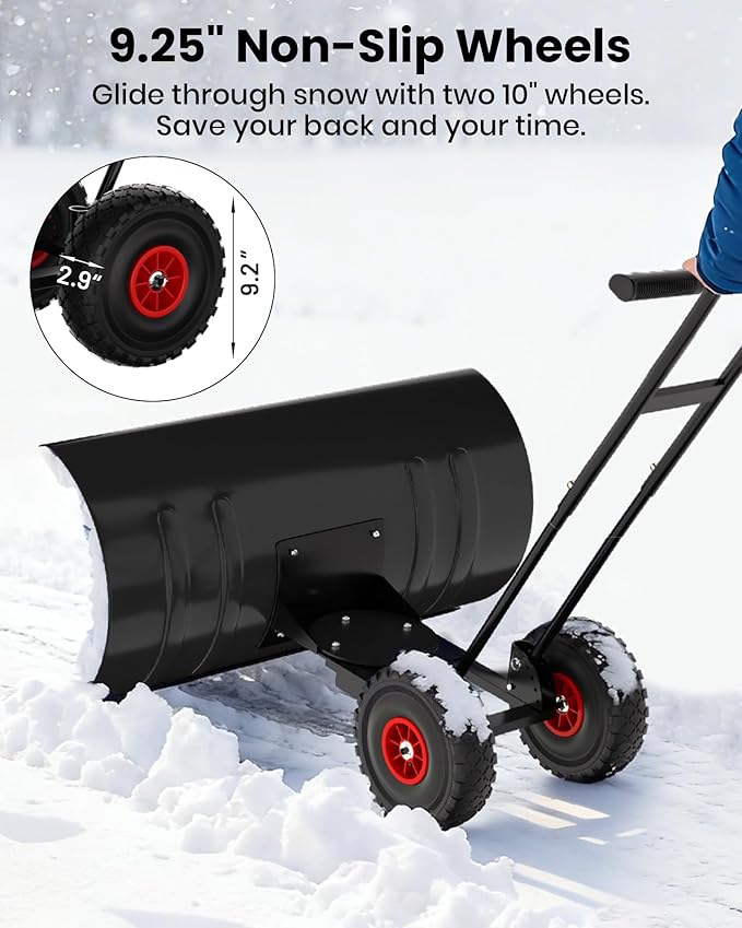 Snow Pusher with Wheels for Driveway, 29.5" Wide Heavy Duty Steel Blade, 7-Position Angle Adjustment & 60° Tilt Handle, Ergonomic Push Snow Shovel with Ground Protection for Effortless Snow Removal