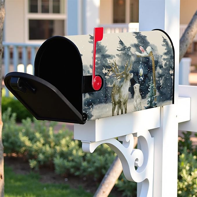 Winter Deer Mailbox Cover Bear Bird Mail Box Covers Magnetic Green Tree Mailbox Wraps 25.5x21 inch Outdoor Decor for Garden Yard
