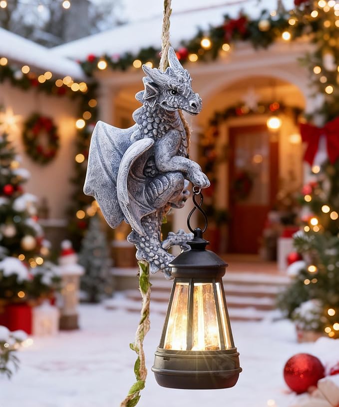 Nacome Dragon Outdoor Statues for Garden: Outside Hanging Climbing Sculptures with Lantern Decor for Yard Art Porch Balcony - Christmas Birthday Gifts for Grandma Mom Women