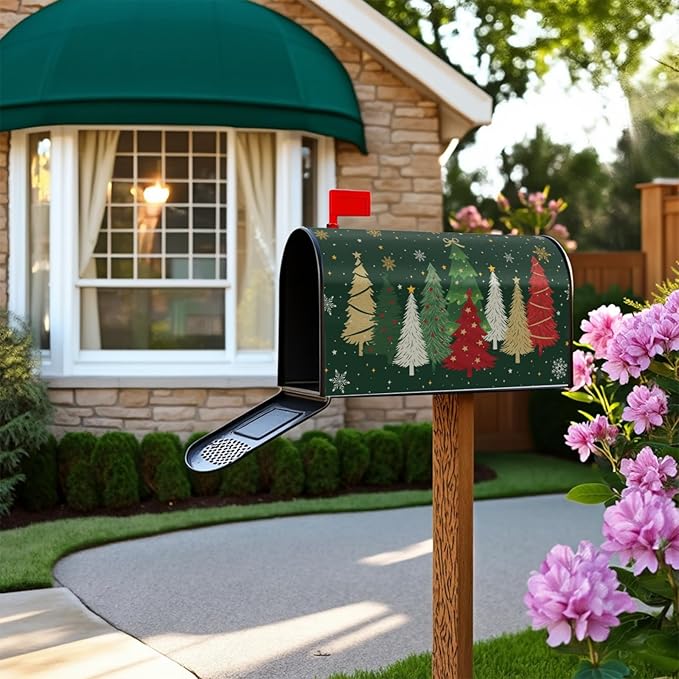 Christmas Large Mailbox Covers Magnetic Oversized Xmas Tree Print Forest Green Winter Mailbox Wraps Holiday Themed Outdoor Decorative Letter Box Cases for Home Garden Outside Decor, 25.5x21 Inch