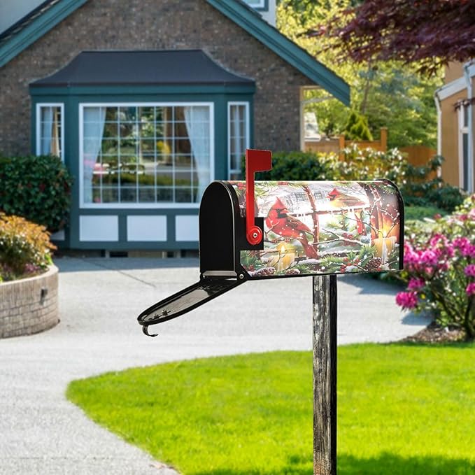 SUABO Mailbox Cover Red Cardinals Old Window Standard Magnetic Mailbox Covers Wraps for Christmas Home Yard Garden Decor