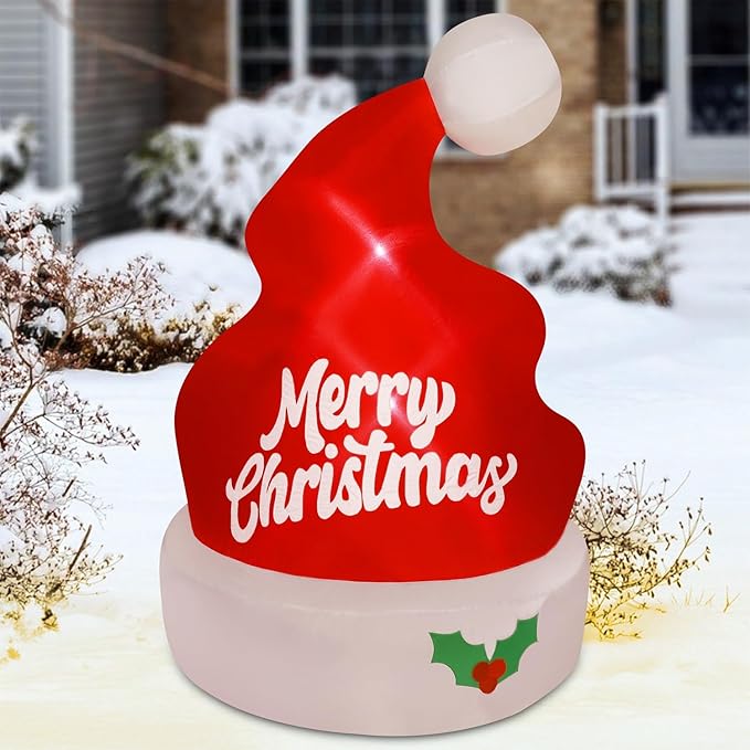 Juegoal Christmas Inflatables Outdoor Decorations, 5FT Inflatable Xmas Hat, Lighted Blow Up Giant Red Hat with Built in LED Lights, Light Up Holiday Winter Roof Lawn Yard Garden Decor