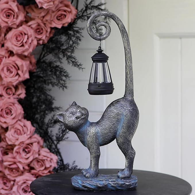 Outdoor Christmas Decorations Gifts Cat Garden Statues with Solar Lights, Fall Home Decor Cat Figurines for Lawn,Patio,Balcony,Porch,Yard Art Ornament- Birthday Gifts for Women Grandma Sister