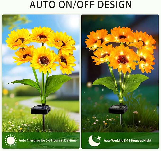 Upgraded Solar Sunflower Lights 1 Pack with 6 Outdoor Decor Flower Lights for Garden Gift for Mom and Friends, IP65 Waterproof Sunflower Garden Stake Lights for Yard Patio Lawn Pathway (Warm White)