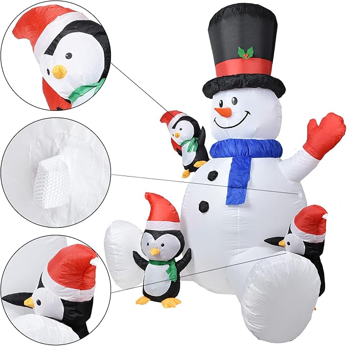 Lvydec Lighted Inflatable Snowman Christmas Outdoor Decoration - 8ft Blow Up Snowman with Built-in LED Lights and 3 Little Penguins for Christmas Holiday Yard Decoration
