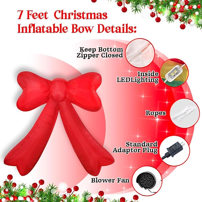 Christmas Inflatables Giant Red Bow Lighted Balcony Terrace Porch Yard Lawn Inflatable Decoration with Built-in Fan and Ropes Holiday Party Decor, Christmas Decor (7FT-Red Bow)