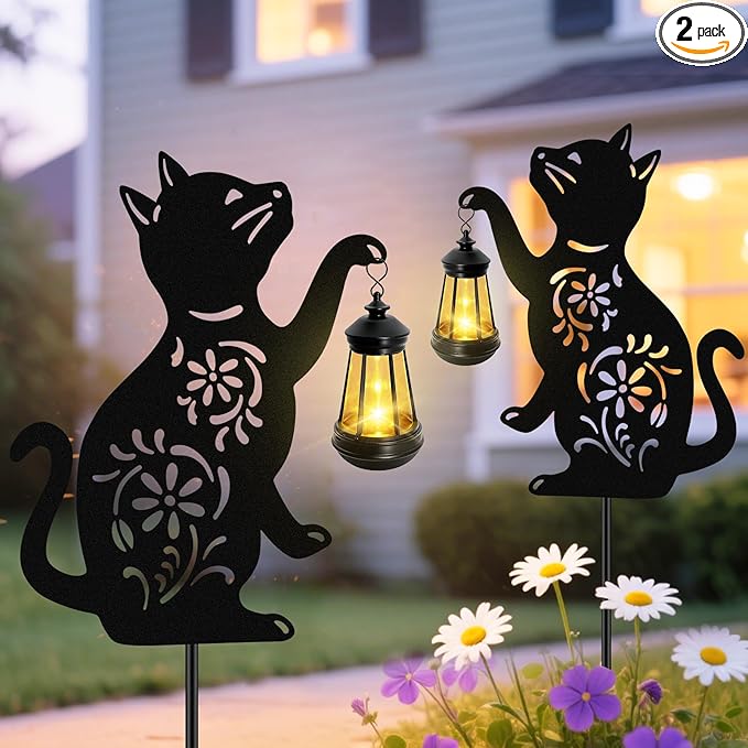 Solar Cat Hanging Lantern Outdoor, 2 Pack Christmas Black Cat Solar Lights, Cat Lover Gifts for Women Mom Grandma Birthday,Mother's Day,Waterproof Garden Ornaments Decor Outside Backyard,Patio,Pathway