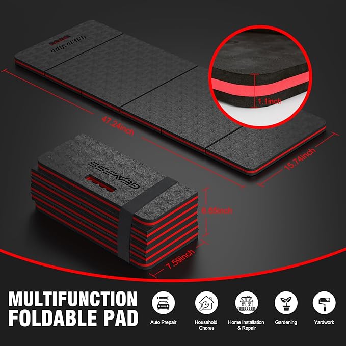1.1" Extra Thick Foldable Kneeling Pad Mechanic Mat with Handle & Belt, Soft Foam Knee Cushion for Gardening, Garage Work, Workshop Repairing, Yardwork (47.2" x 15.7", Black & Red)