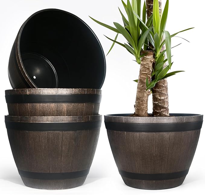 GameXcel Large Whiskey Barrel Planter for Outdoor Plants - Flower Pots Garden Wine Barrel Planter Outdoor - 21" D x 15" H