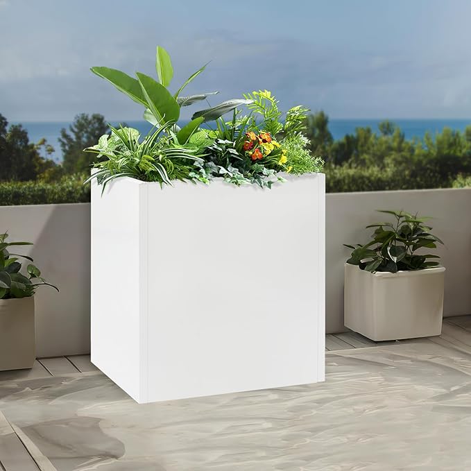 Metallic Heavy Outdoor/Indoor Planter Box, Seamless Large Metal Planter for Tall Trees, Plants, Flowers, No Assembly Required (White, 24 * 10 * 24 inch)