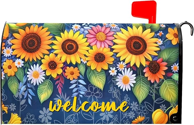 Welcome Flower Magnetic Mailbox Cover Spring Floral Mailbox Cover Magnetic Standard Size 21 X 25.5 Inch Sunflower Mailbox Post Cover Mailbox Wraps Mailbox Decor for Home Garden Outdoor Yard
