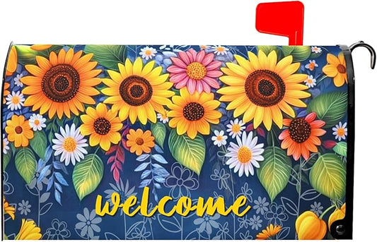 Welcome Flower Magnetic Mailbox Cover Spring Floral Mailbox Cover Magnetic Standard Size 21 X 25.5 Inch Sunflower Mailbox Post Cover Mailbox Wraps Mailbox Decor for Home Garden Outdoor Yard