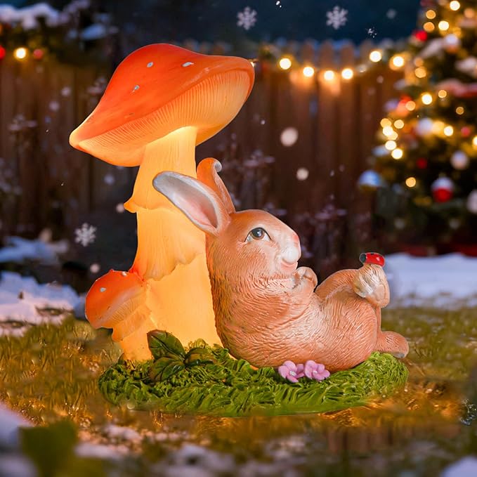 Solar Rabbit Garden Statues Outdoor Decor, Solar Garden Decor with Mushroom Lights, Resin Yard Decorations Outdoor for Patio, Porch, Balcony, Lawn Ornaments, Housewarming Birthday Gifts for Mom Women