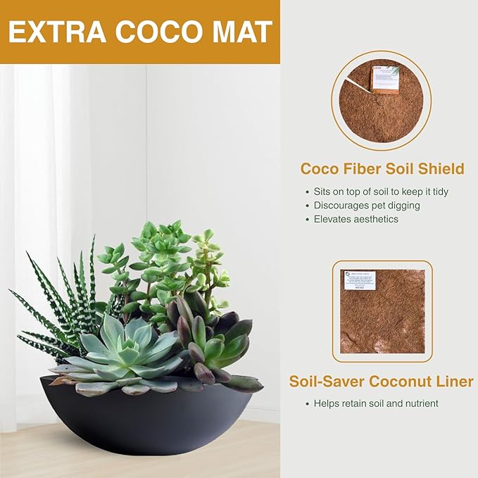 7.7"H x 22"D Round Bowl Fiberstone Planter for Succulent and Lotus - Christmas Tree Planter, Weather Resistant for Indoor & Outdoor Use, Included 2 Extra Coco Mats (Black, 19.9" Pot Opening)