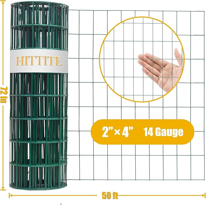 Green PVC Coated Welded Wire Fencing, 72in High x 50ft Long, 2 inch x 4 inch 14GA 2/3/4/5/6 Ft Tall Welded Wire Fence Rolls, Green Metal Garden Fence Wire Roll Garden Fencing for Yard
