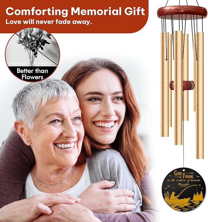 Personalized Gone Fishing Memorial Wind Chime – Gone Fishing in The Water Heaven Fisherman Design – Custom Name, Dates Outdoor Sympathy Gift for Men, Dad, or Grandpa – Memorial Garden Decor for Loss