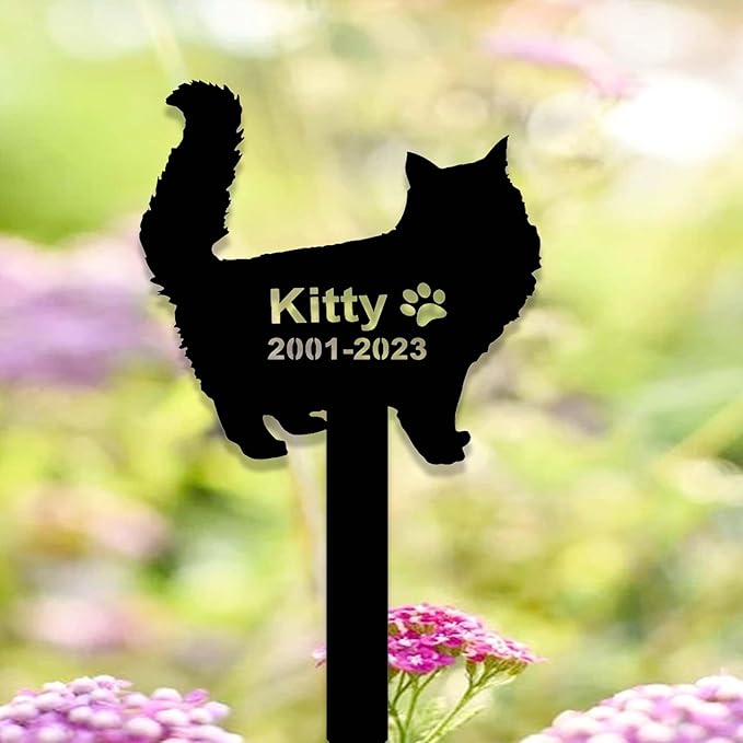 Custom Fluffy Cat Memorial Stake Sign - Metal Long Hair Grave Marker - Personalized Garden Decor - Pet in Heaven Remembrance Yard Stake - Sympathy Gift